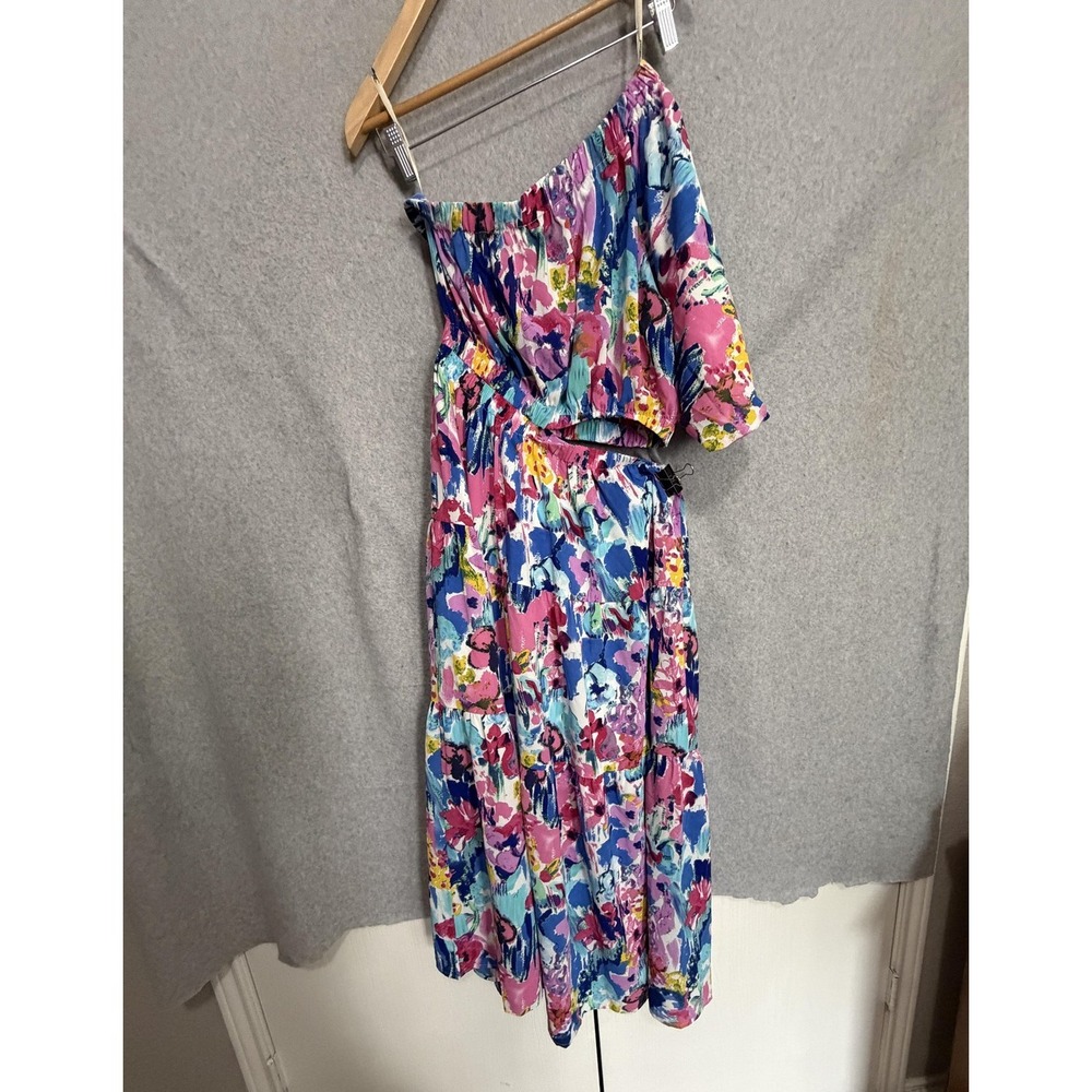 THML Boho Dress Womens M Floral One Shoulder Ruffle Maxi Belted Sundresscheck - Picture 3 of 9